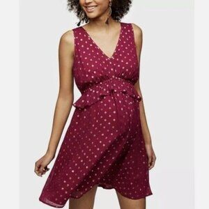 A Pea In The Pod Maternity Sleeveless Magenta Dress Gold Polka Dots Medium New